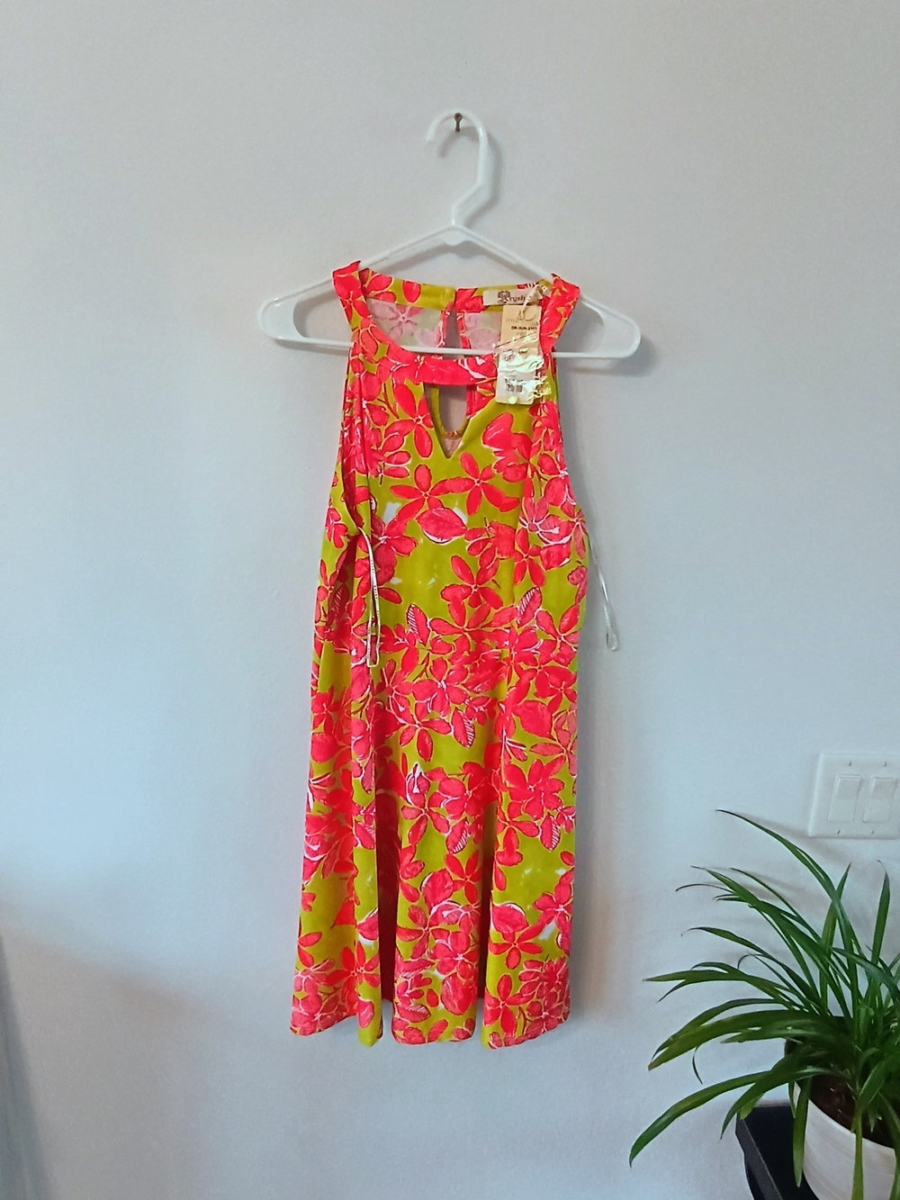 Aryeh Womens Large NWT $87 Lime Green Hot Pink Floral Fit Flare Dress Keyhole